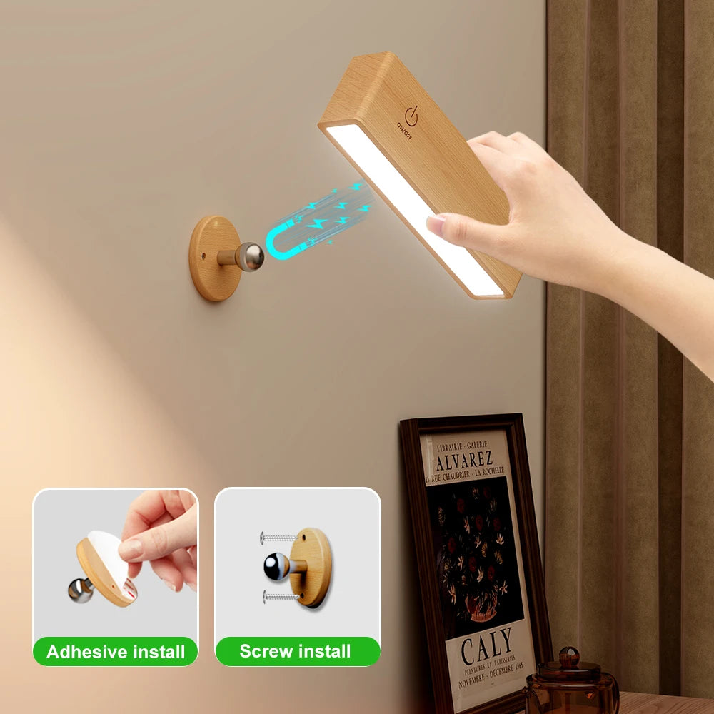 360° Rotatable Solid Beech Wood LED Wall Lamp with Remote Control, 3 Color Modes Type-C Rechargeable Magnetic Wall Sconce, Portable Dimmable Reading Light for Bedside Mirror Bathroom TAVEN System LLC
