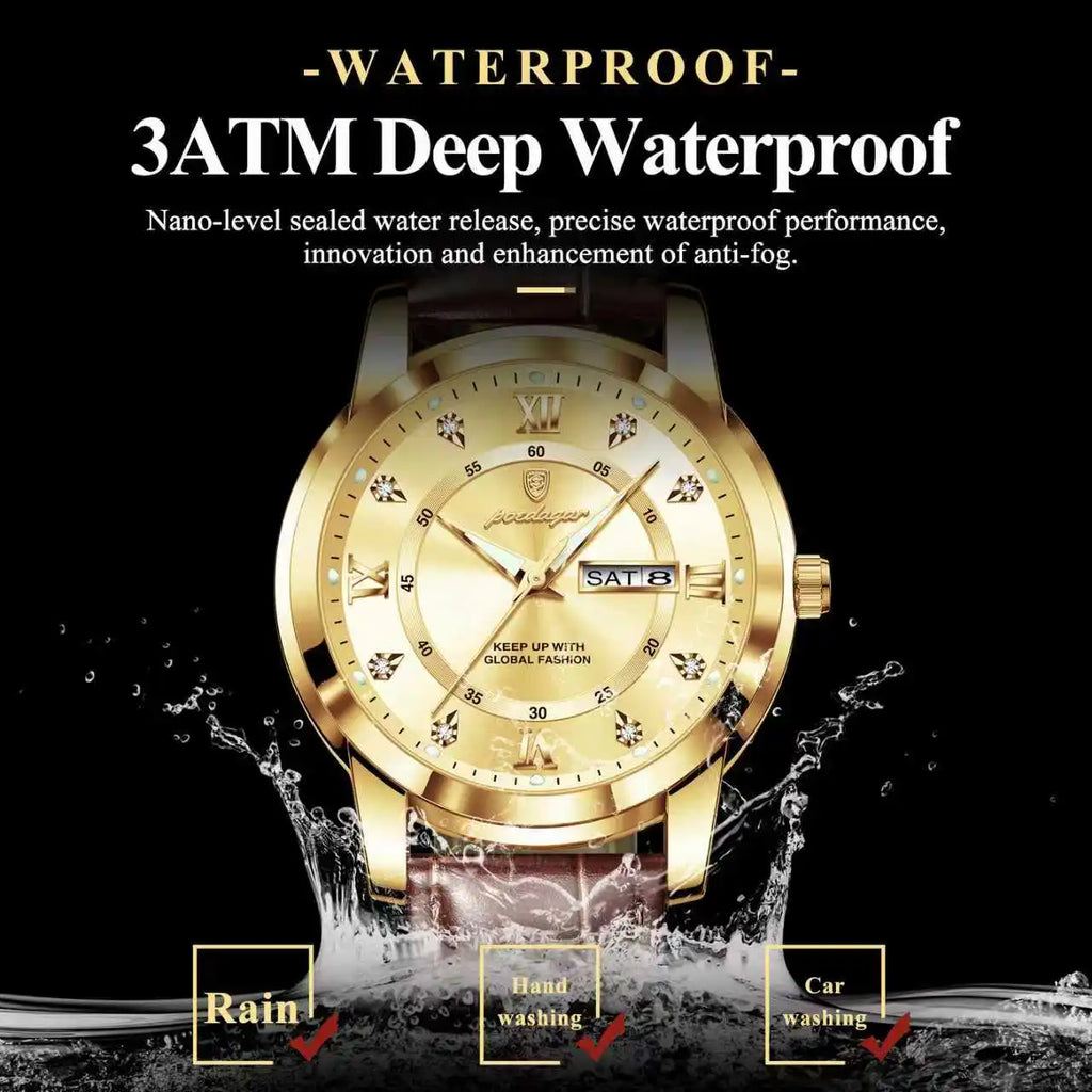 POEDAGAR Luxury Business Male Clock Date Week Waterproof Luminous Gold Men Wristwatch Casual Fashion Quartz Men's Watches Reloj - TAVEN System LLC