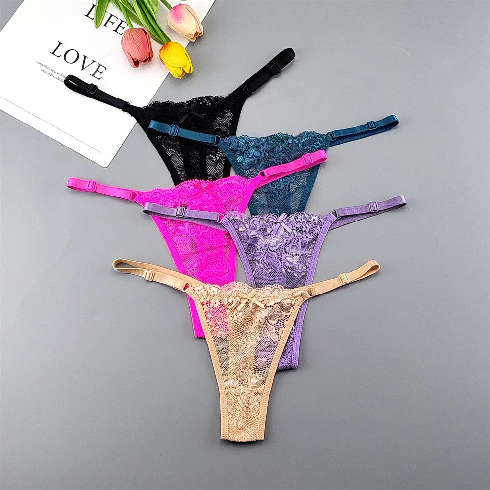5PCS Free Shipping Seamless Women Thong Panties Adjust Belt Sexy Ice Silk G-string Lady Low Waist Lace Bikini T-back Plus Size TAVEN System LLC