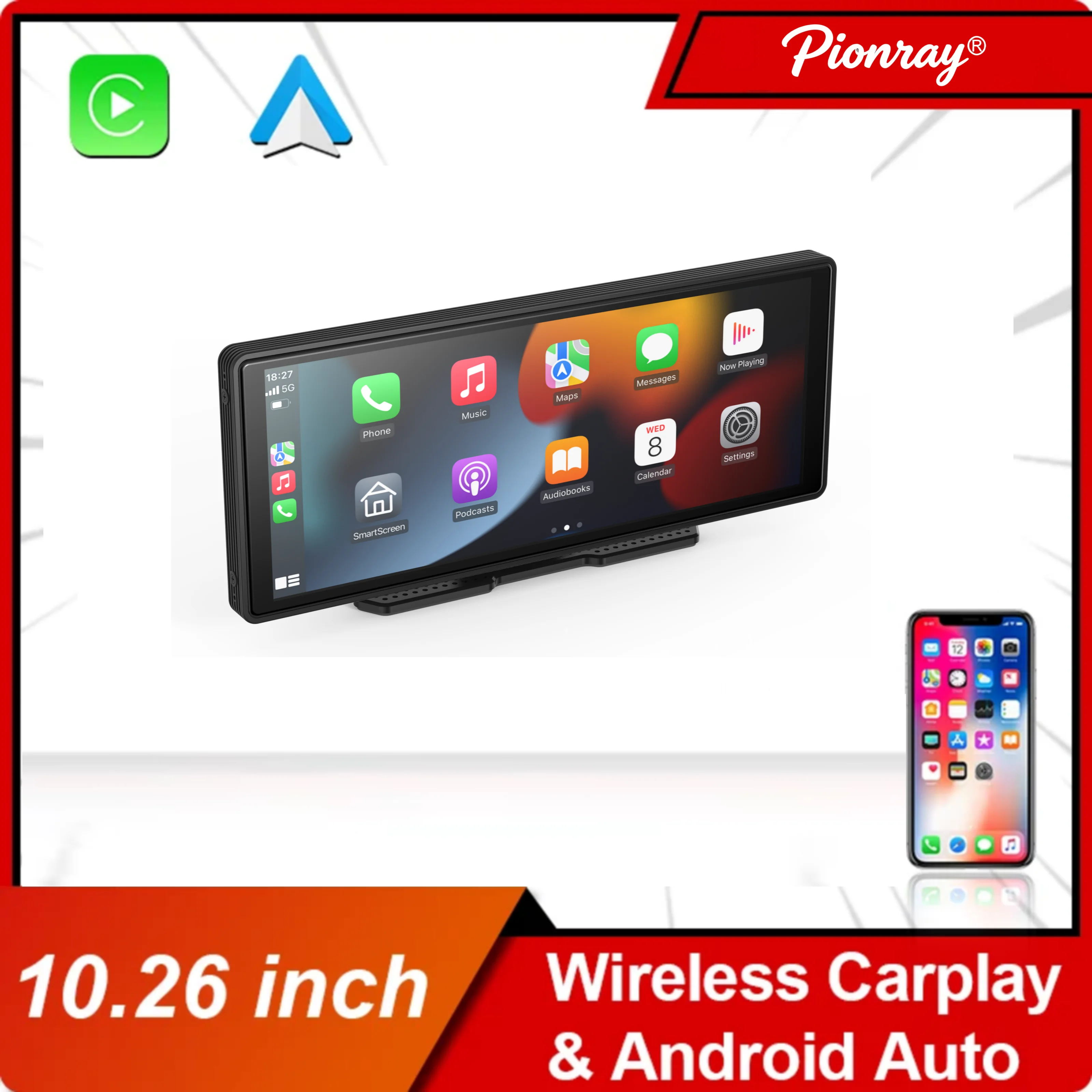 Portable Wireless Carplay Car Stereo, 10.26" inch HD Touchscreen for Car with CarPlay& Android Auto with Mirror Link/Backup Cam