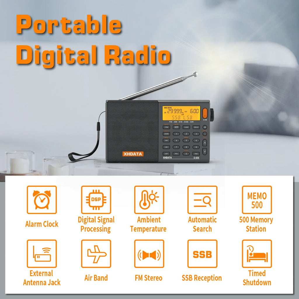 XHDATA D808 Professional AM FM SW MW AIR SSB RDS Radio Long Range Reception Portable Rechargeable Multiband Radio Stereo Sound TAVEN System LLC