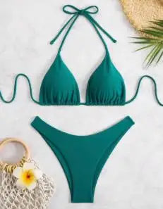 2025 Women White Bikini Chest Padded New Sexy Halter Bikini Two-Piece Set With Drawstring Straps Solid Brazilian Bathing Suit TAVEN System LLC