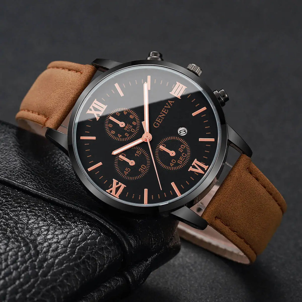 Fashion Roma Dial Men's Watch Casual Leather Strap Men Business Watches Analog Quartz Wristwatches with Calendar（Without Box） - TAVEN System LLC
