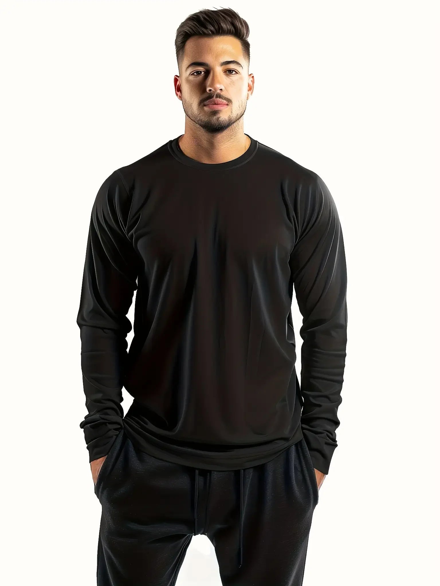 5-piece men's solid color round neck long sleeved T-shirt, versatile design, comfortable and fashionable TAVEN System LLC