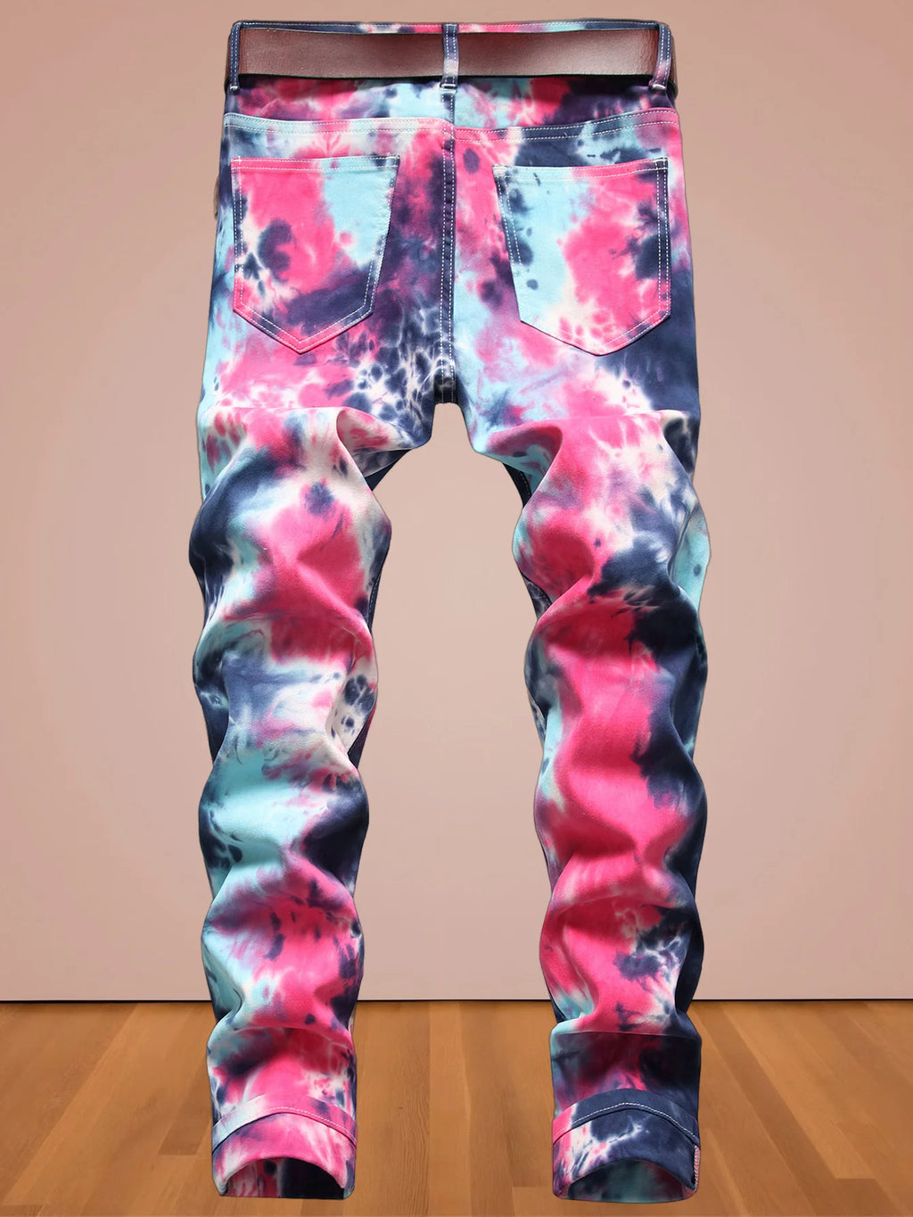 Europe and America wind new men's high street jeans tie-dyed red and blue contrast elastic street motorcycle youth fashion casua TAVEN System LLC