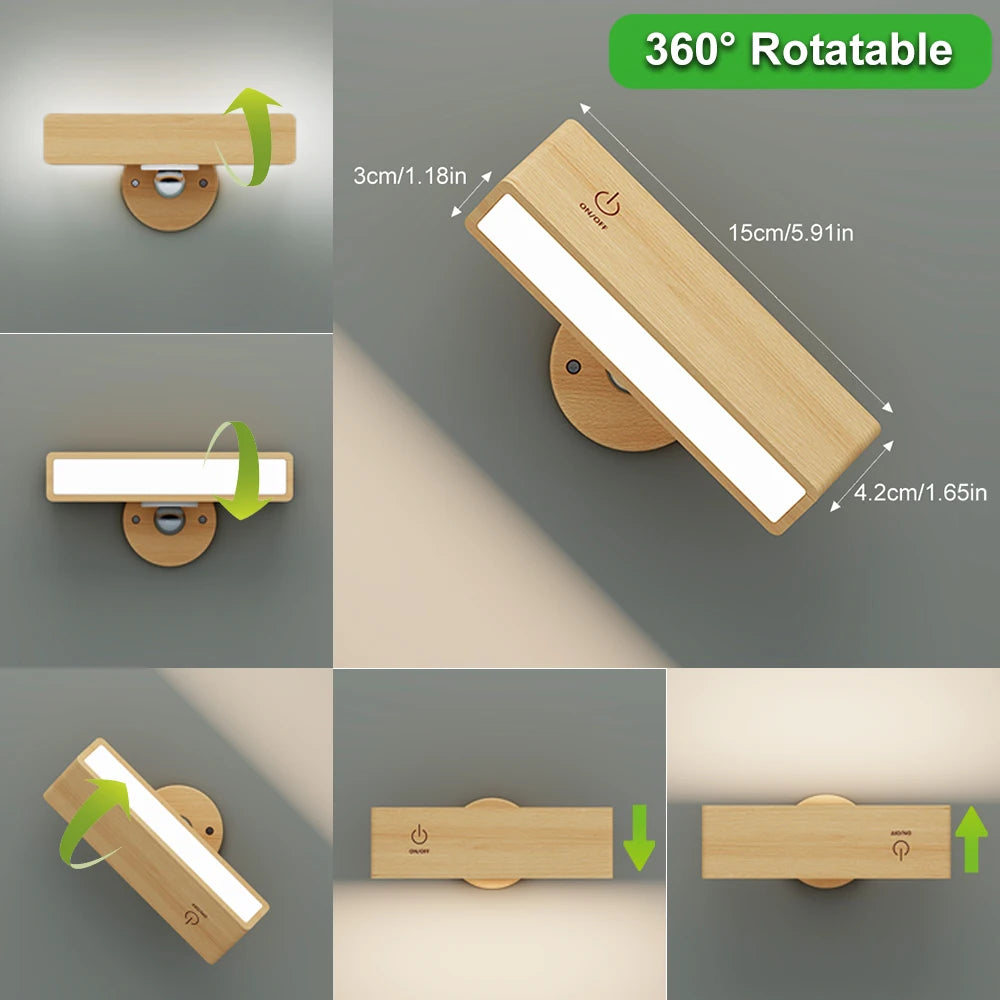 360° Rotatable Solid Beech Wood LED Wall Lamp with Remote Control, 3 Color Modes Type-C Rechargeable Magnetic Wall Sconce, Portable Dimmable Reading Light for Bedside Mirror Bathroom TAVEN System LLC