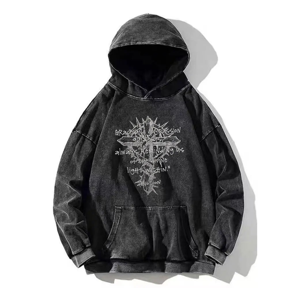 Men Vintage Psalm 91:11 Cotton Hoodie Washed Hip Hop Sweatshirt