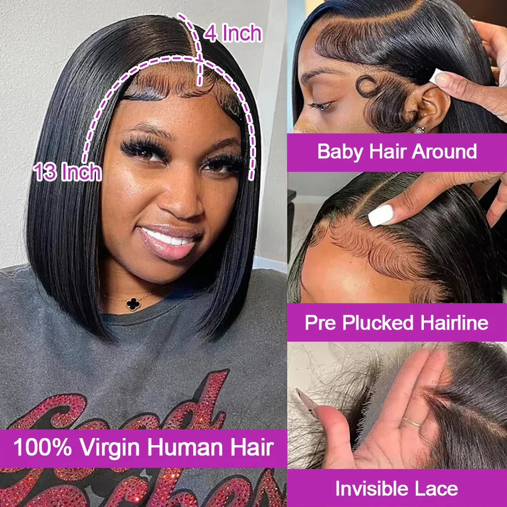 Glueless straight bob human hair lace front wig