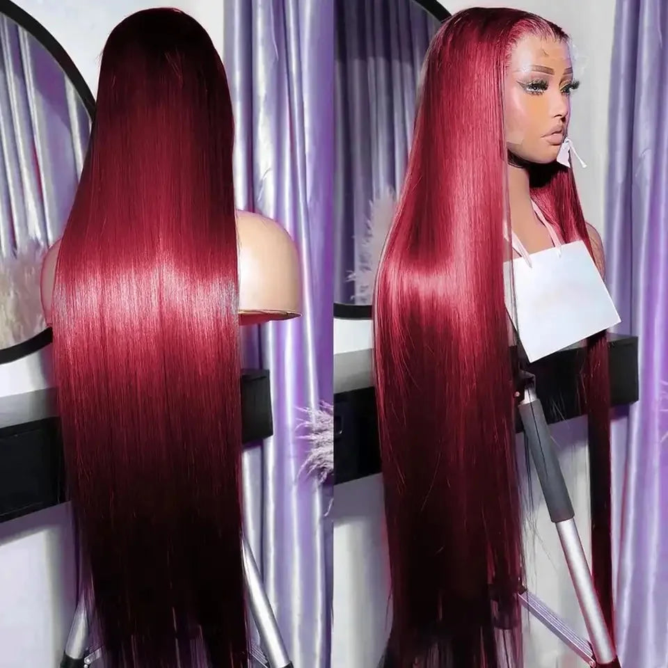 Straight 99J Burgundy Red Color Synthetic 13X4X1 HD Full Lace Frontal Wig For Women Prepucked Baby Hair Glueless Wig Daily Party