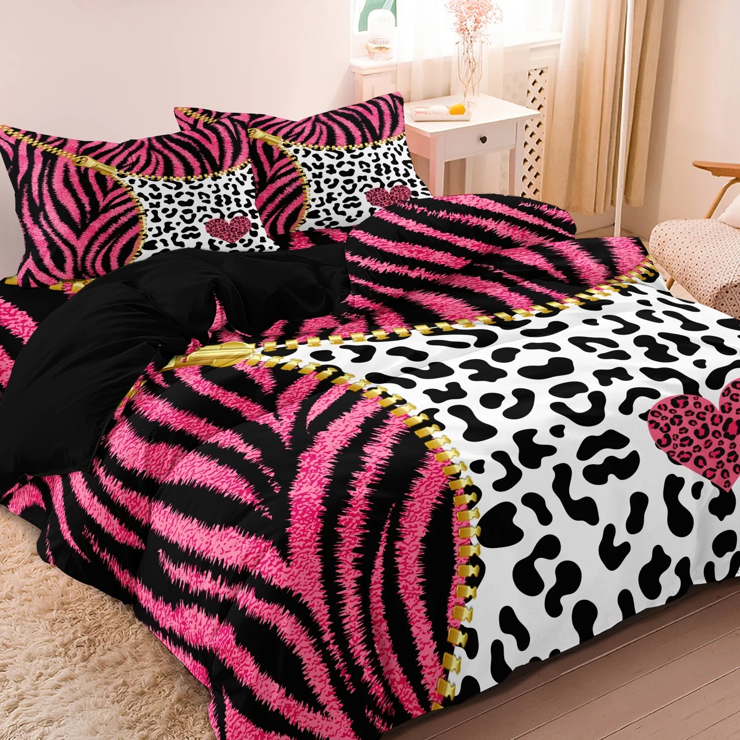 3pcs Duvet Cover Set in Red Leopard Print, Rose Red, and Black Zebra Stripe with Shiny Finish. Fashionable, Soft and Comfortable TAVEN System LLC