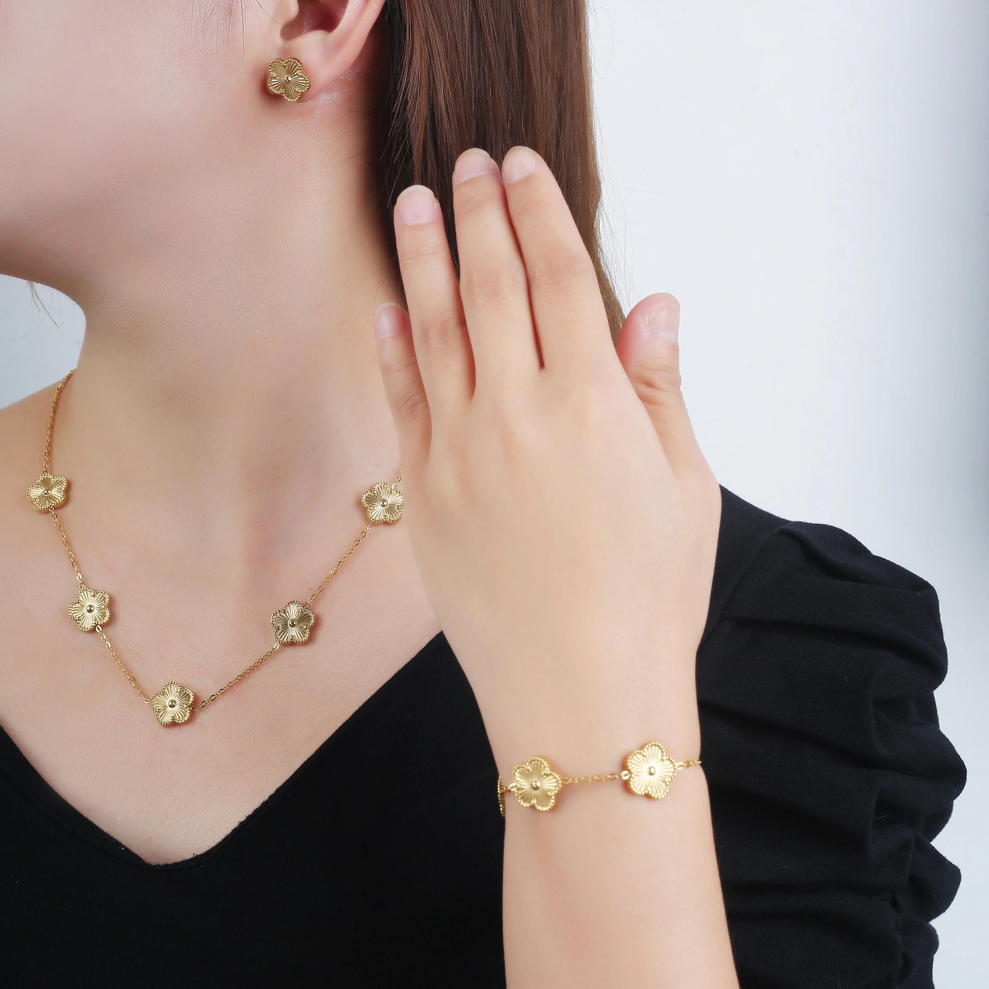 Simple 316L Stainless Steel Flower Five Leaf Necklace Bracelet Earrings 18K Gold Plated Jewelry Set for Women Girl Gift Clover TAVEN System LLC