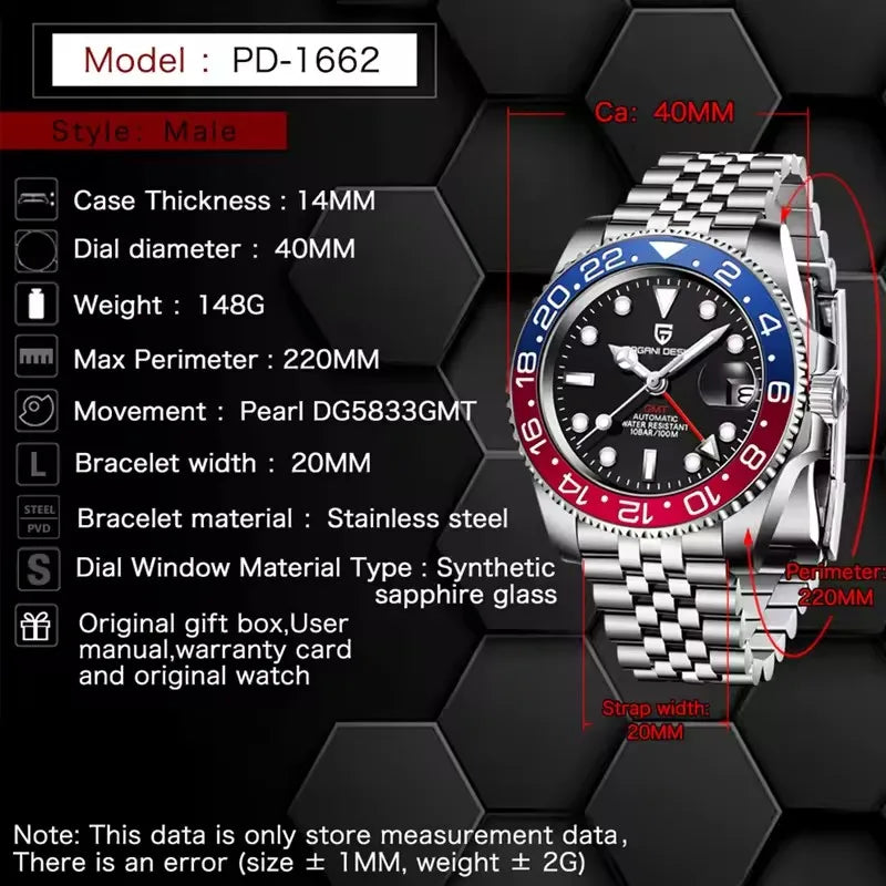PAGANI DESIGN 2026 40MM Luxury Men GMT Automatic Machinery Watch Ceramic Bezel Jubilee Strap Sapphire Waterproof Watches for men - TAVEN System LLC