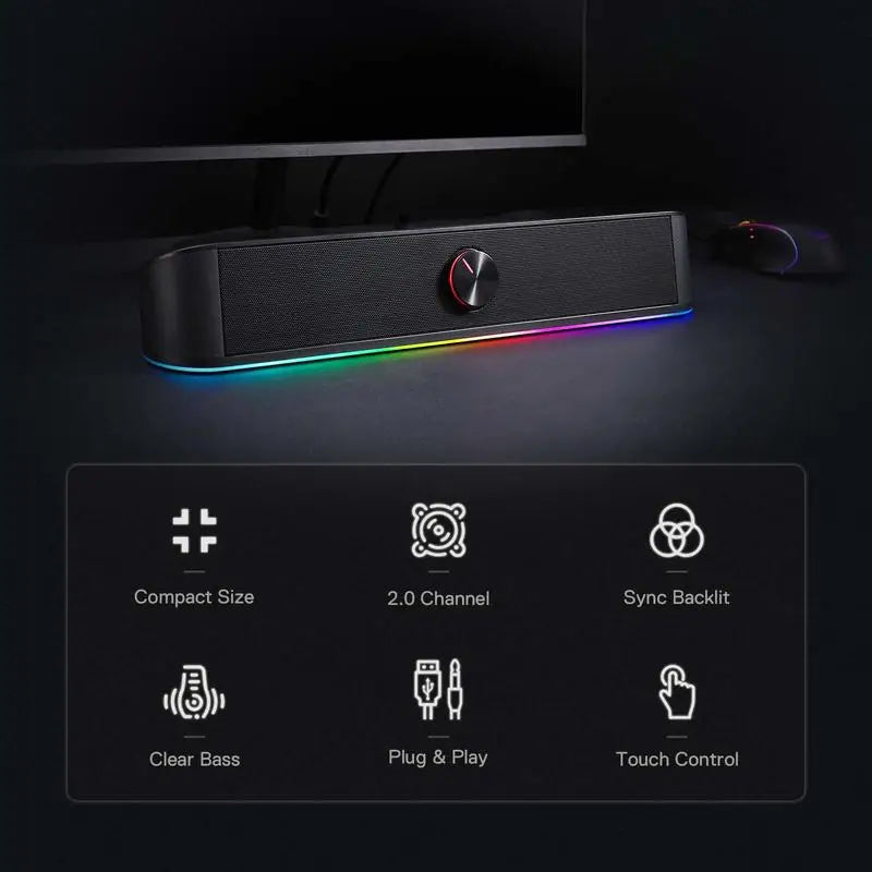 Redragon GS560 Adiemus RGB USB Desktop Soundbar, 2.0 Channel Computer Speaker with Dynamic Lighting Bar Audio-Light Sync/Display TAVEN System LLC