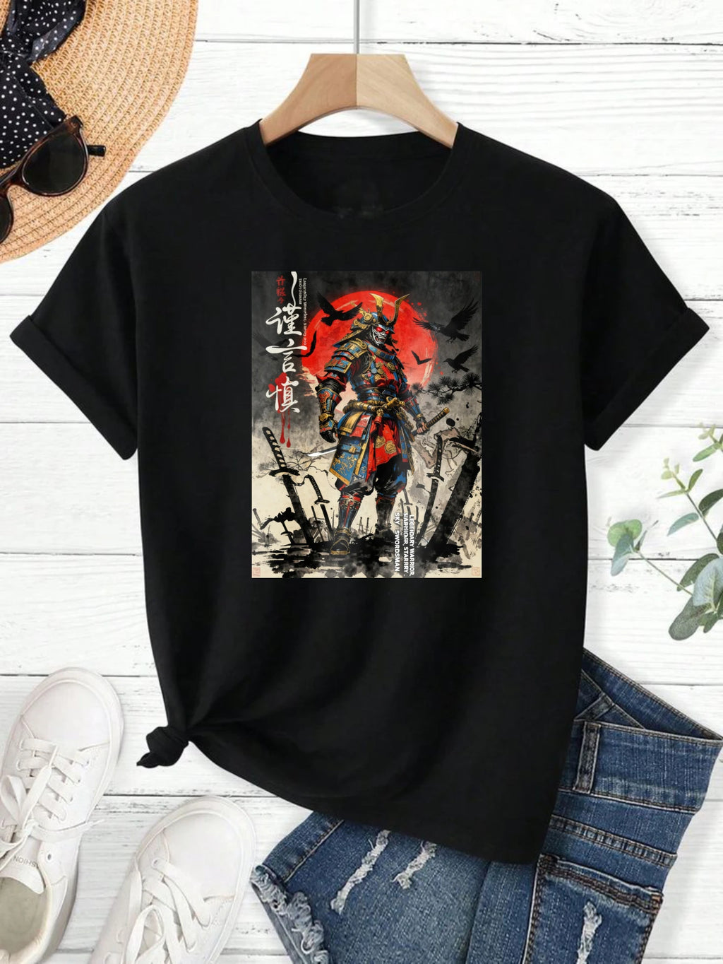 100% pure cotton short sleeved T-shirt Samurai Warrior Standing With Sword Red Moon Background Japanese Calligraphy Artwork Traditional Style Design Easy to wear and match, comfortable and fashionable, suitable for all season TAVEN System LLC