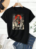 100% pure cotton short sleeved T-shirt Samurai Warrior Standing With Sword Red Moon Background Japanese Calligraphy Artwork Traditional Style Design Easy to wear and match, comfortable and fashionable, suitable for all season TAVEN System LLC