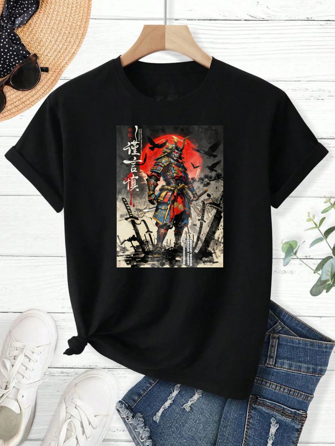 100% pure cotton short sleeved T-shirt Samurai Warrior Standing With Sword Red Moon Background Japanese Calligraphy Artwork Traditional Style Design Easy to wear and match, comfortable and fashionable, suitable for all season TAVEN System LLC