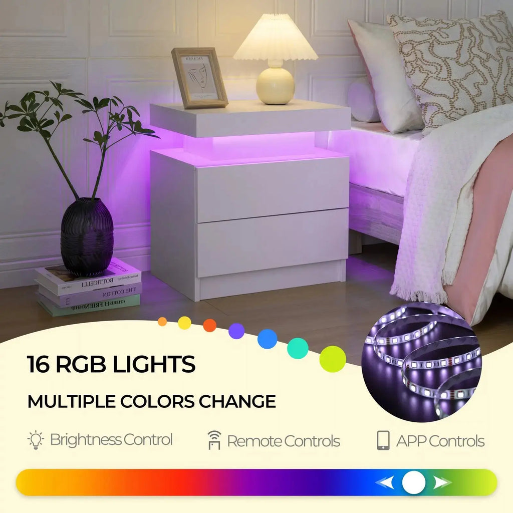 RGB Bedside White Table With 2 Drawers Cubehom LED Nightstand TAVEN System LLC