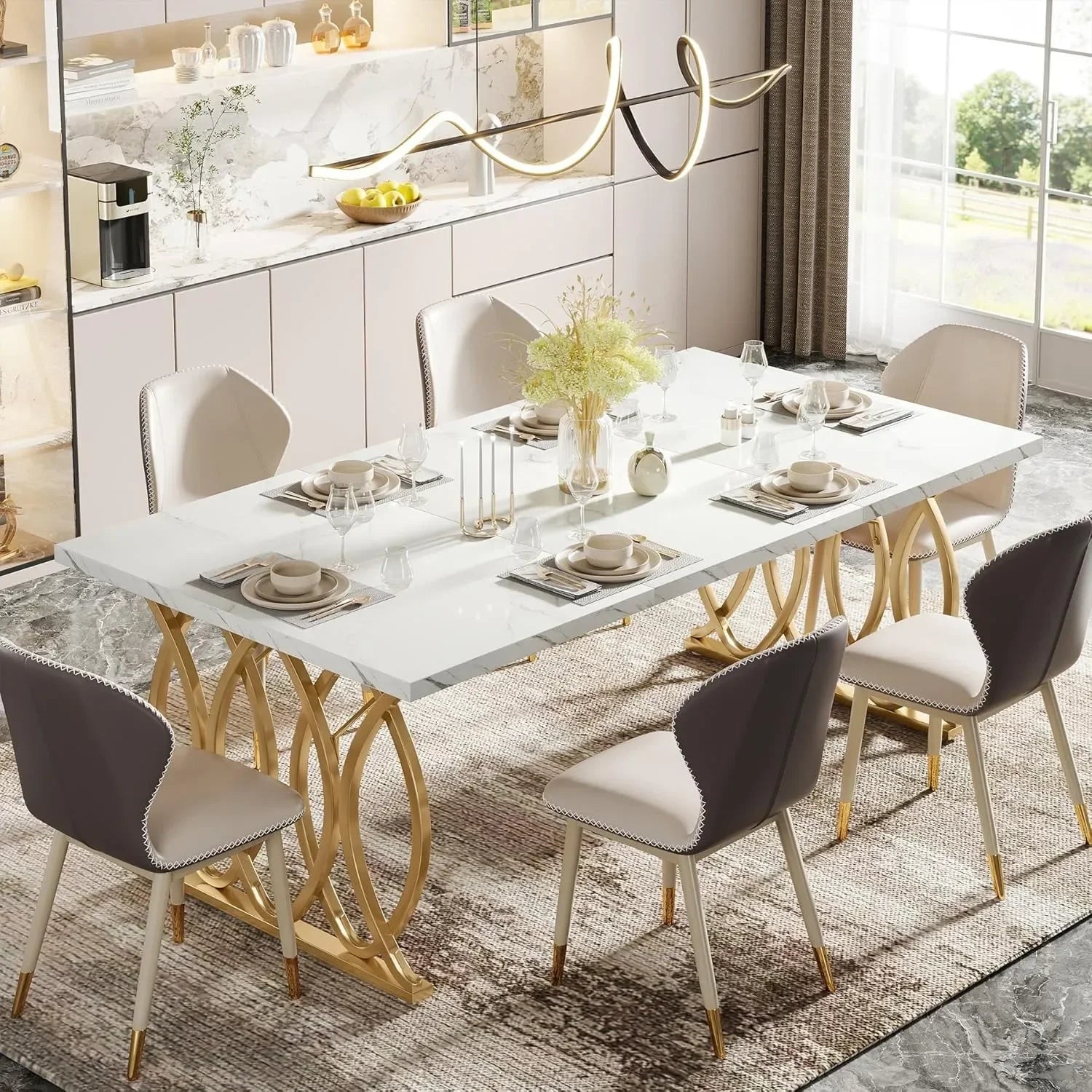Modern Faux Marble Dining Table with Gold Metal Base 63 Inch TAVEN System LLC