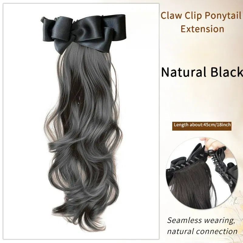 Color: #2, Stretched Length: 18inches - Elegant Synthetic Silk Bowknot Banana Claw Clip Ponytail Wig With Grab Clip Long Wavy Layered Ponytail for Women Daily Use Taven