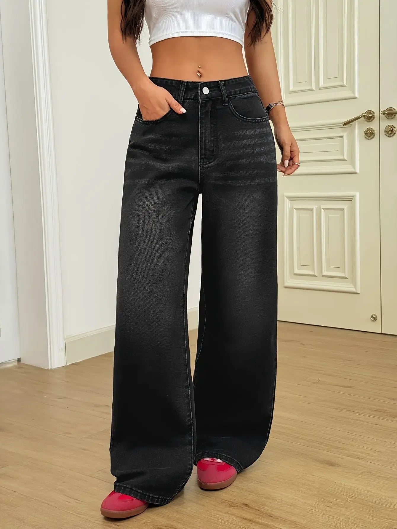 Trendy Wide Leg Distressed Jeans cc Casual Straight Denim Pants TAVEN System LLC