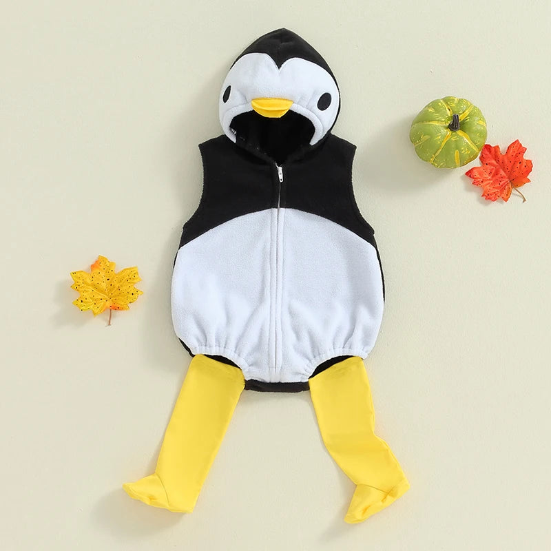 Baby Penguin Fleece Hooded Romper with Matching Socks Set