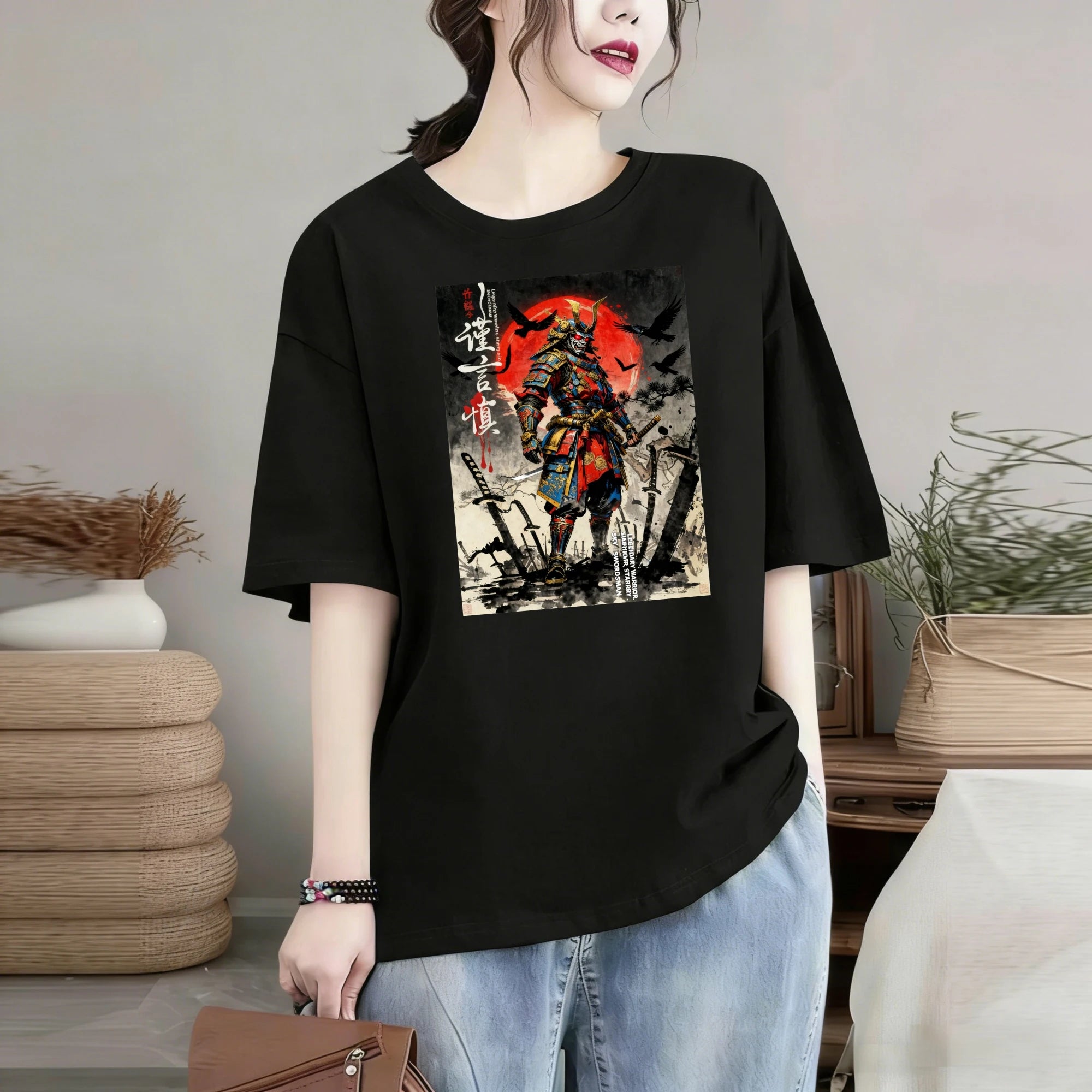 100% pure cotton short sleeved T-shirt Samurai Warrior Standing With Sword Red Moon Background Japanese Calligraphy Artwork Traditional Style Design Easy to wear and match, comfortable and fashionable, suitable for all season TAVEN System LLC