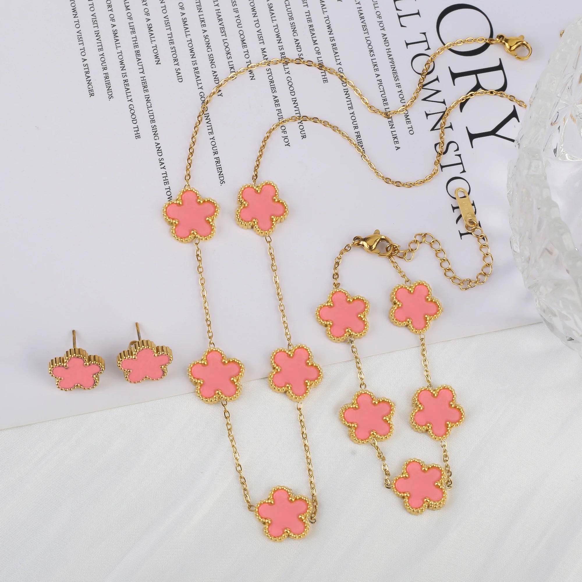 3Pcs 18k Gold-Plated Five-Leaf Flower Necklace Earrings Bracelet Jewelry Set for Woman Fashion Party Jewelry Daily Wear Clover TAVEN System LLC