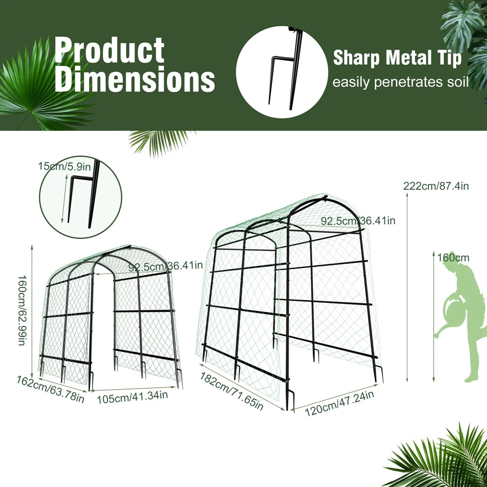 U shaped metal garden trellis with netting for climbing plants