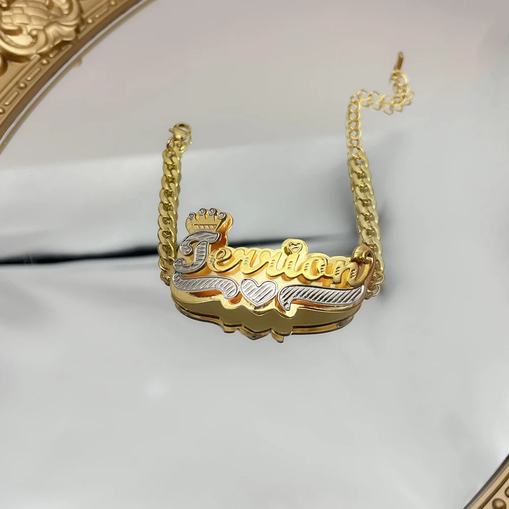 DHQH Custom Name Bracelets 3D Double Nameplate Bracelet Personalized Stainless Steel Cuban Chain Bracelets For Women Gifts TAVEN System LLC