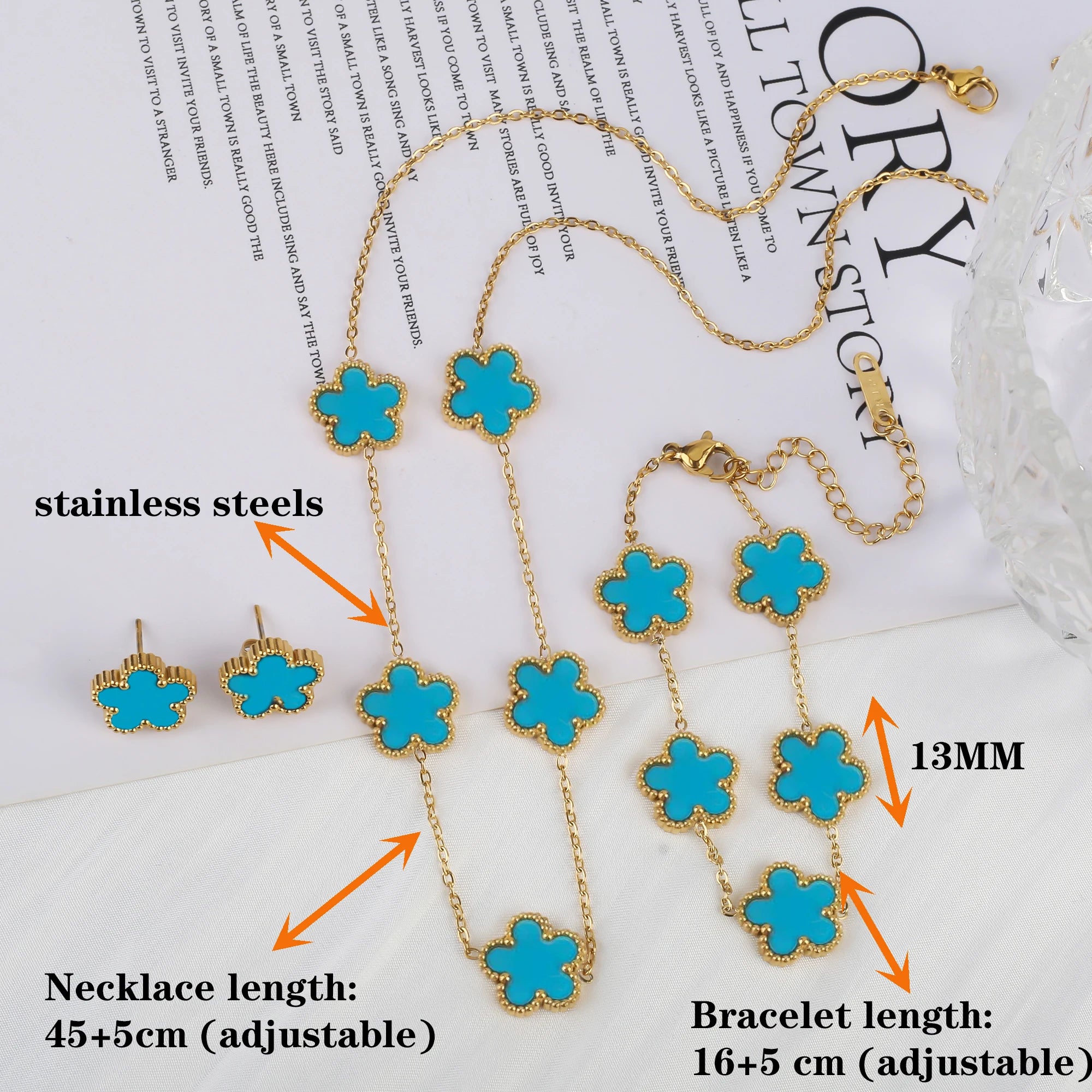 3Pcs 18k Gold-Plated Five-Leaf Flower Necklace Earrings Bracelet Jewelry Set for Woman Fashion Party Jewelry Daily Wear Clover TAVEN System LLC
