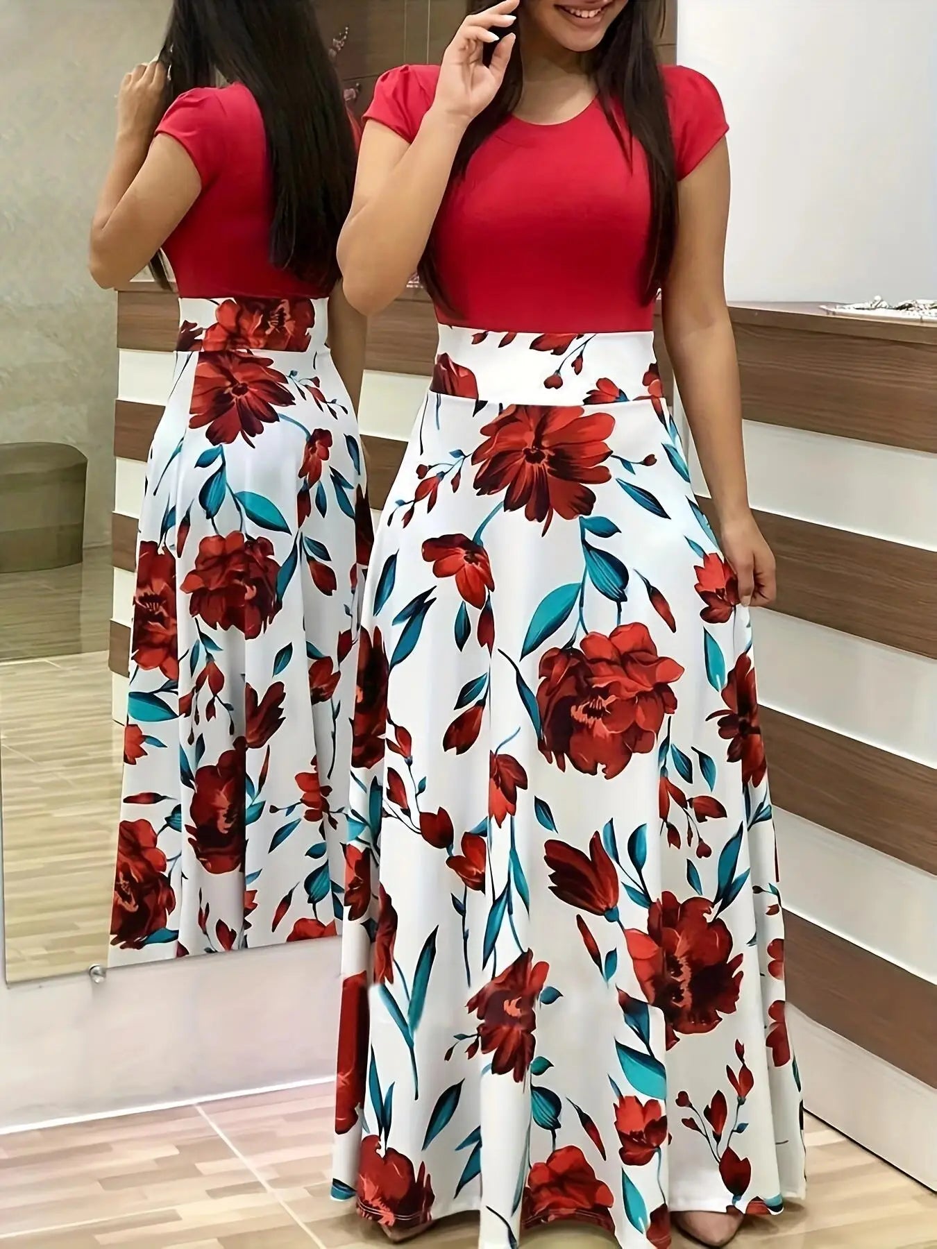2024 European and American style flower print color matching short sleeved dress for women's large swing skirt TAVEN System LLC