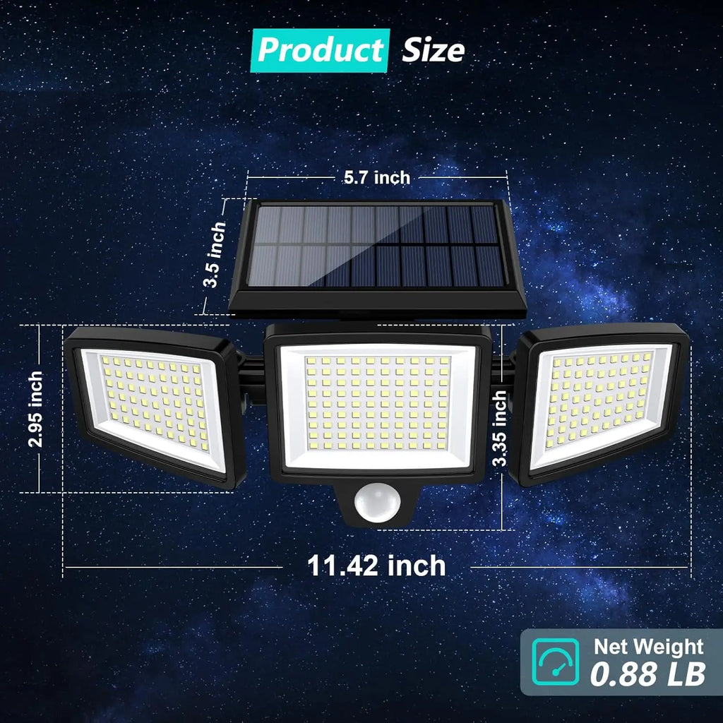 Solar 3 head motion sensor security light with 200 plus LED