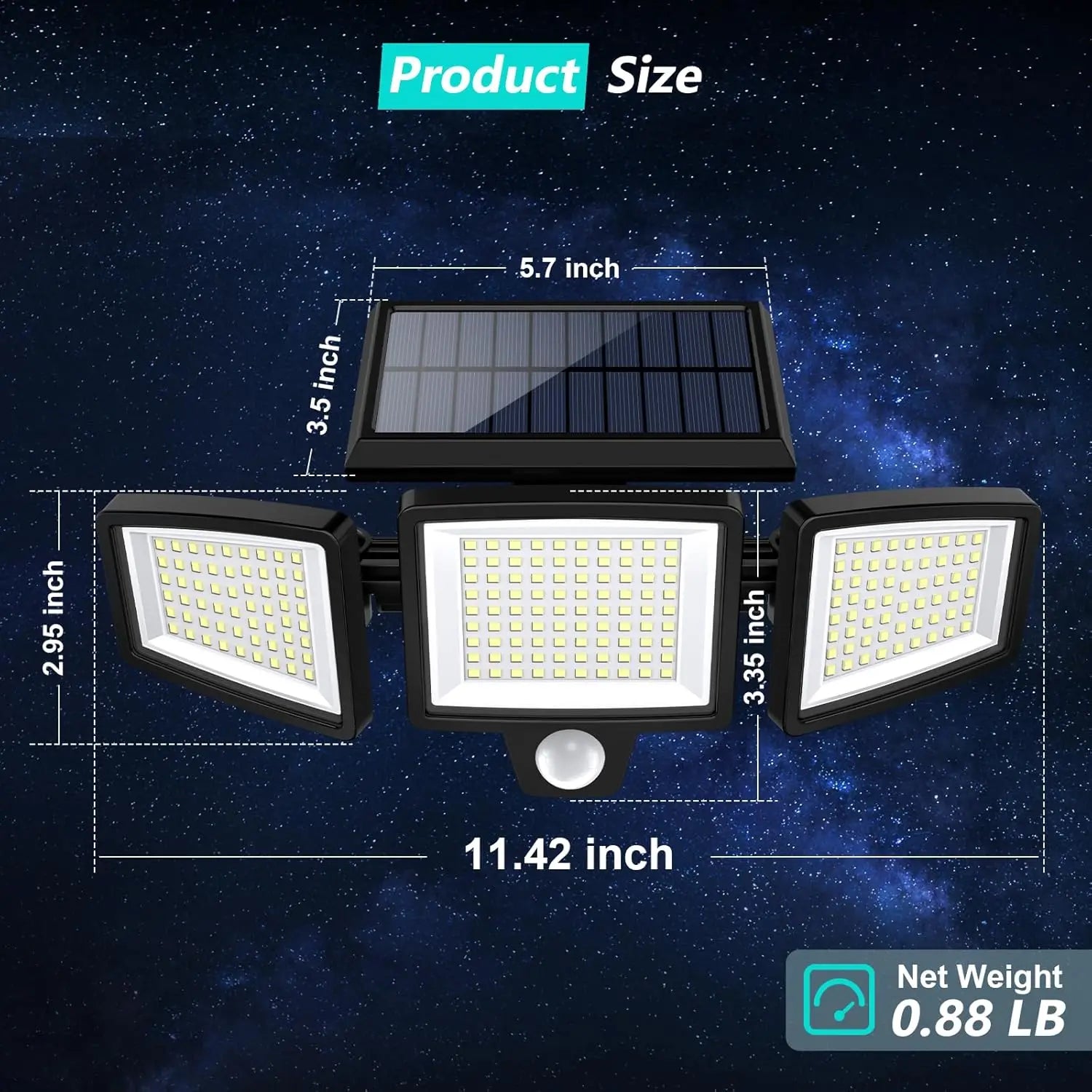 Solar 3 head motion sensor security light with 200 plus LED