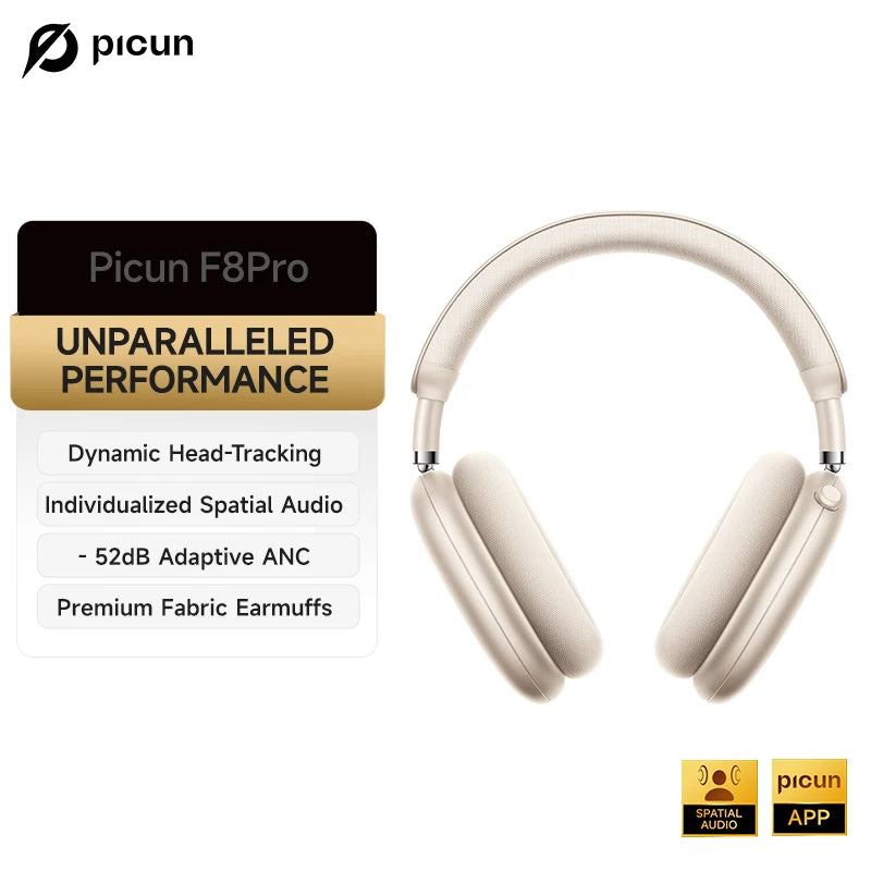 Picun F8 Pro ANC Wireless Headphones Head Tracking 3D Spatial Audio -52dB ANC HIFI Bluetooth Headset ENC HD Mic Low-Latency APP TAVEN System LLC