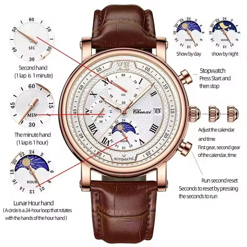 CHENXI 976 Multi functional Clock True Three Eye Six Needle Lunar Calendar Business Quartz Leather Men's Watches montres hommes - TAVEN System LLC