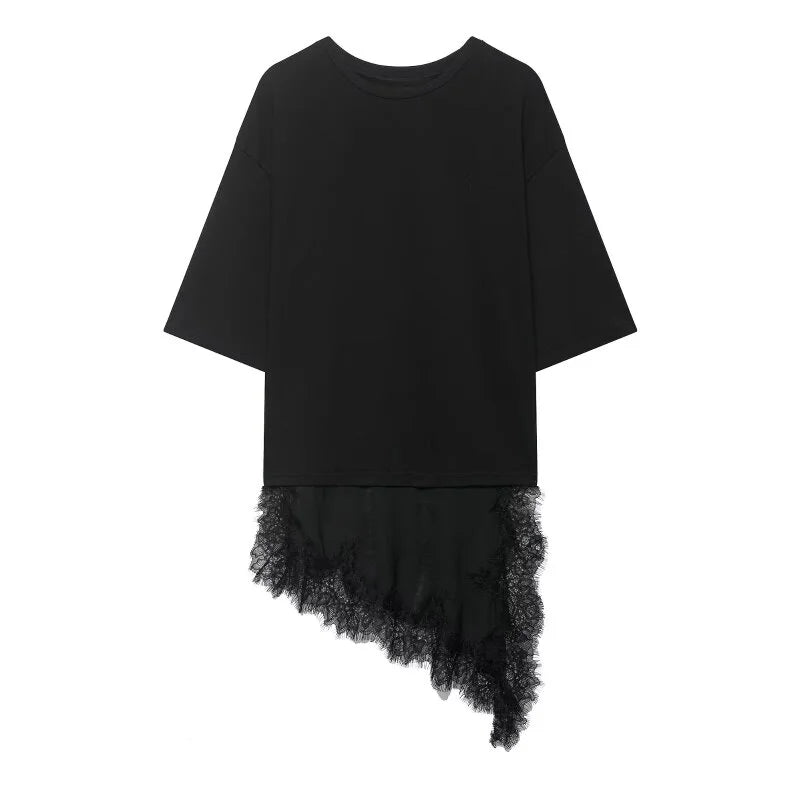 Women Asymmetric Lace Trim T-Shirt Loose Casual Summer Half Sleeve TAVEN System LLC
