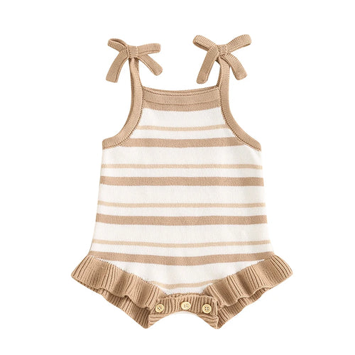Baby Girl Ribbed Bow Strap Ruffle Sleeveless Summer Romper