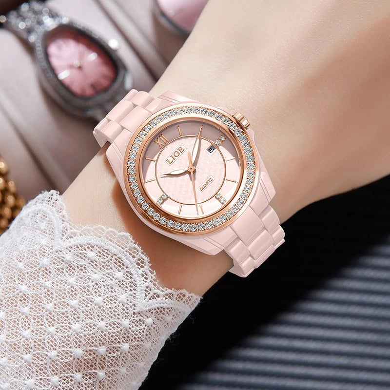 LIGE New Pink Watch Women Watches Top Brand Luxury Ceramic Watch Women Fashion Sport Waterproof Quartz Watch Female Montre Femme - TAVEN System LLC