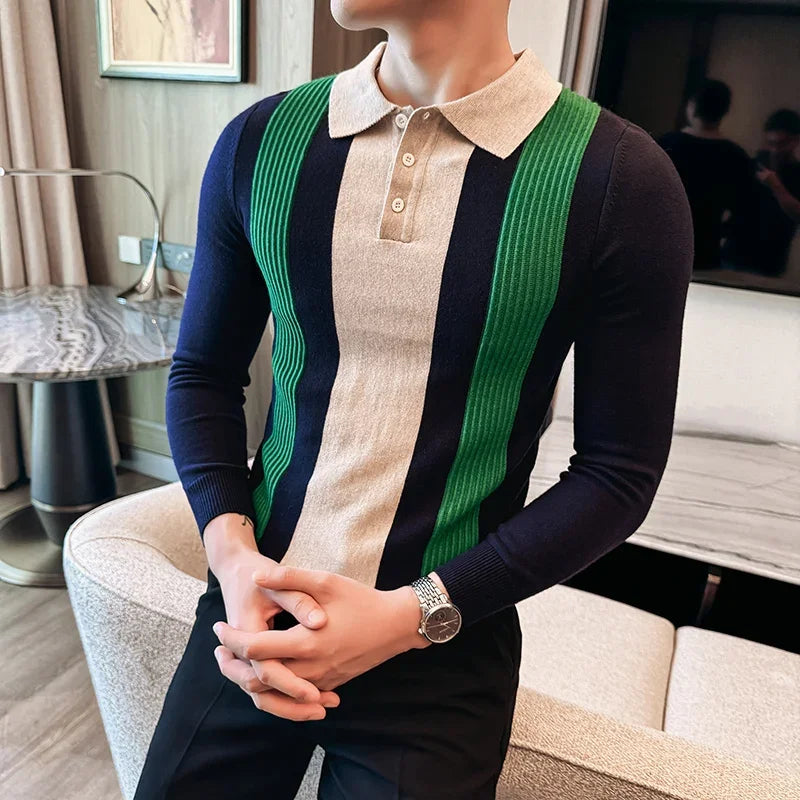 Men Knitted Polo Shirt Long Sleeve Stripe Zipper Slim Fit Sweater