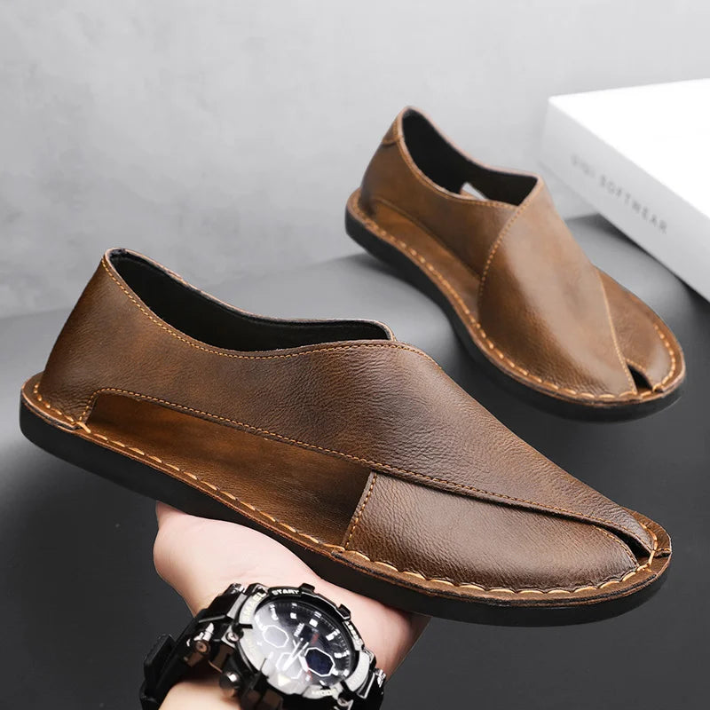 Summer Men's Sandals Handmade Leather Casual Shoes Comfortable Slip-On Beach Shoes Breathable Sandals Loafers Wading Aqua Shoes TAVEN System LLC