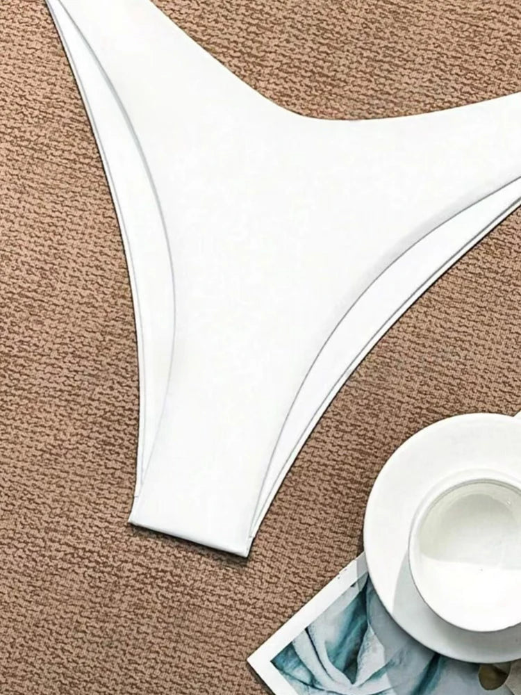 2025 Women White Bikini Chest Padded New Sexy Halter Bikini Two-Piece Set With Drawstring Straps Solid Brazilian Bathing Suit TAVEN System LLC