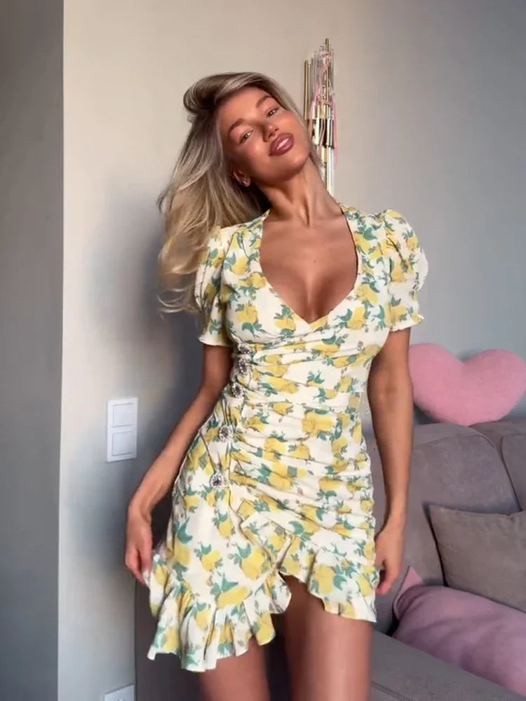 Chic Ruffle Print Slim Fit Dress Women Chic Flared sleeves V-neck Pleated Short Dresses 2026 Lady Summer Casual Daily Vestidos TAVEN System LLC