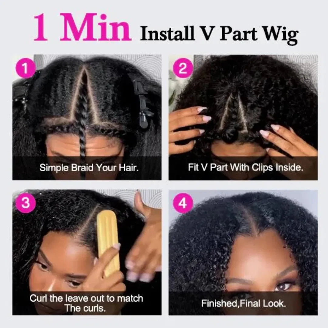 Hair Color: Natural Color, Stretched Length: 12INCHES, Density: 180% - Afro Kinky Curly V Part Human Hair Wigs No Leave Out Natural Black Machine Made Upgrade U Part Curly Wigs Indian Hair For Women Taven