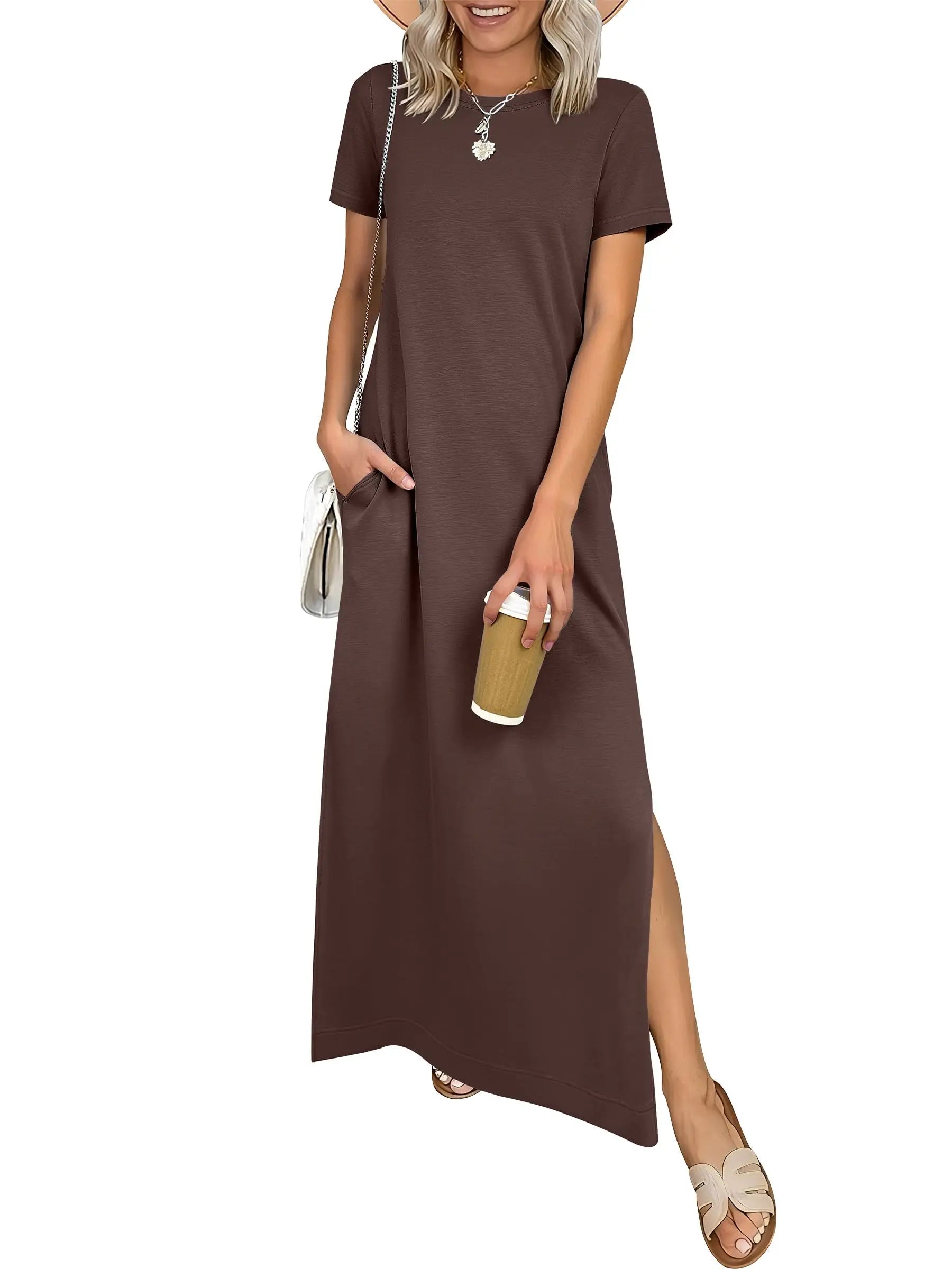 Women Short Sleeve Maxi Dress Crew Neck Side Split Casual Loose Dress