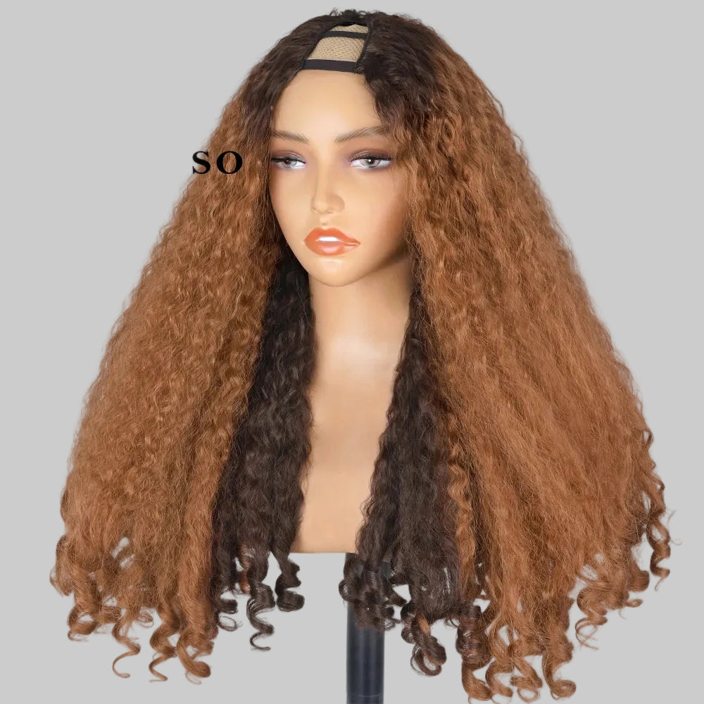 Afro Kinky Straight V Part Synthetic Glueless Wig for Women