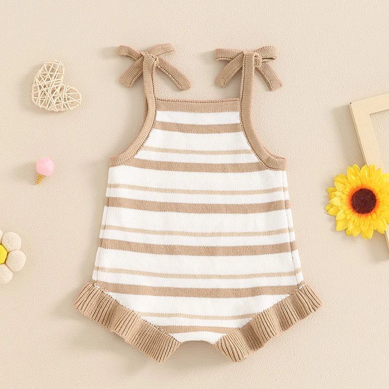 Baby Girl Ribbed Bow Strap Ruffle Sleeveless Summer Romper