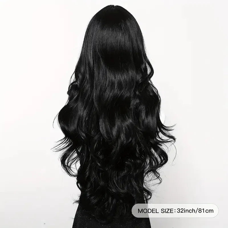 Color: #3 - Black synthetic wig with middle-parted long hair and big waves for party or daily use. High-temperature synthetic hair cap. Taven