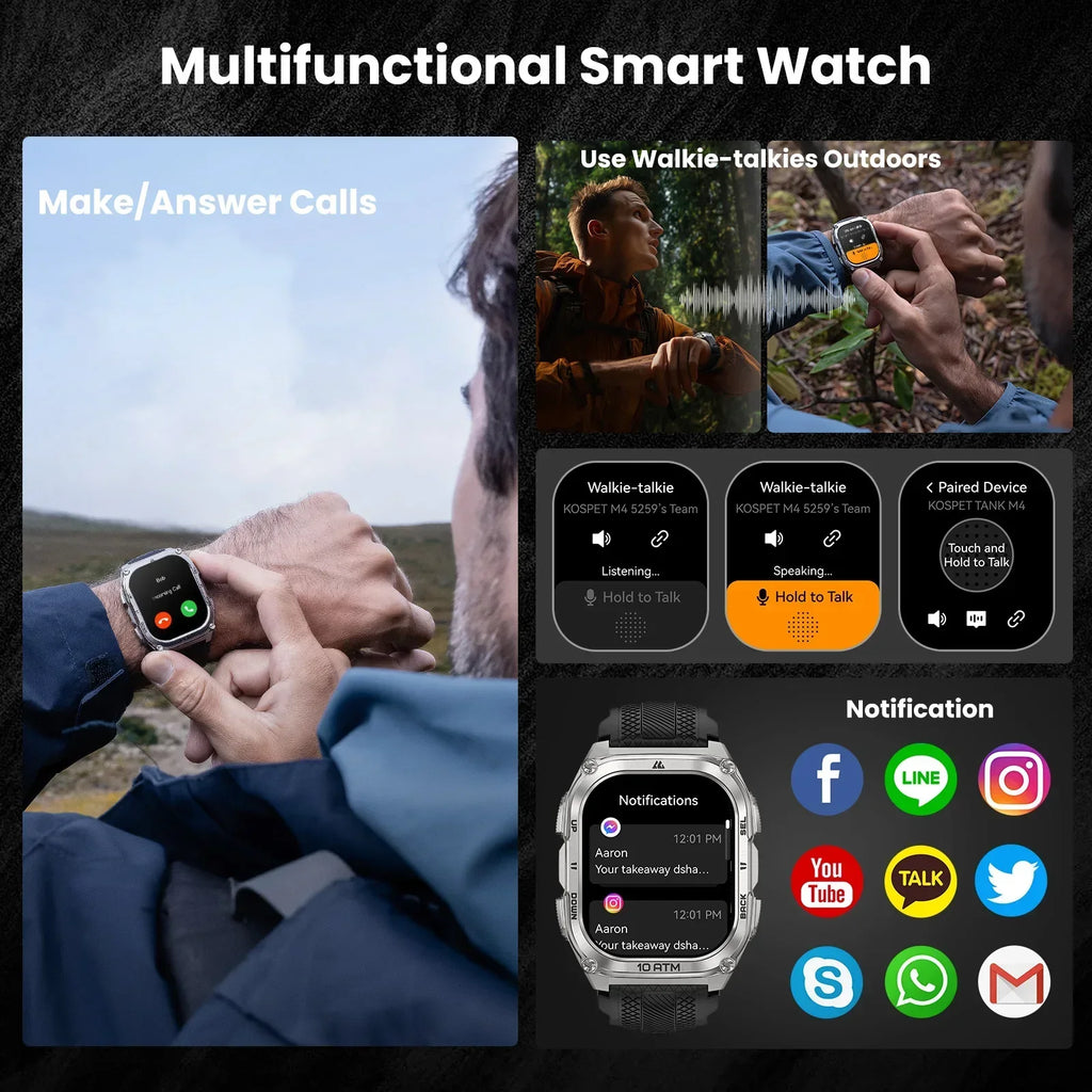 KOSPET Tank M4 Smart Watch Stainless Steel 6-Sat GPS Offline Maps 10ATM Waterproof 45M Dive 24/7 Health Monitor for Android iOS TAVEN System LLC
