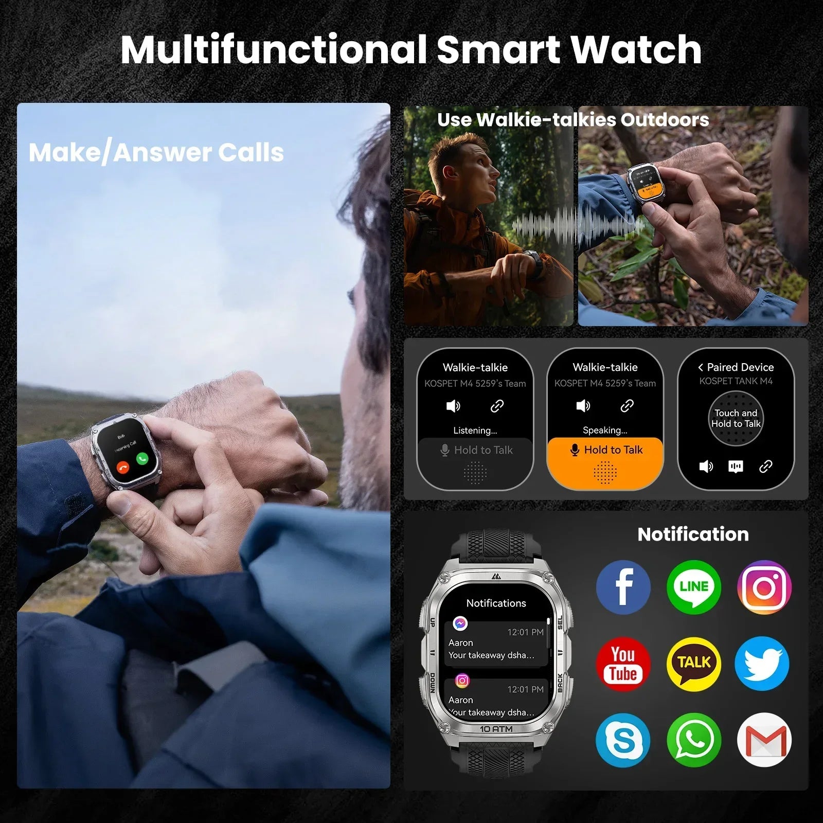KOSPET Tank M4 Smart Watch Stainless Steel 6-Sat GPS Offline Maps 10ATM Waterproof 45M Dive 24/7 Health Monitor for Android iOS TAVEN System LLC