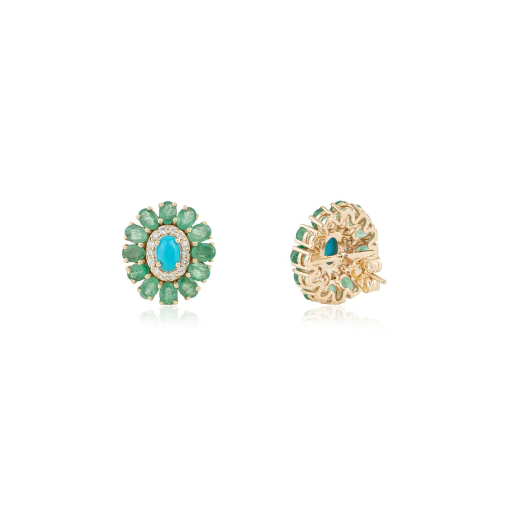 Most Trending Products Fine Emerald Turquoise & Diamond Flower Halo Stud Earrings Statement Jewelry 14K Solid Yellow Gold TAVEN System LLC